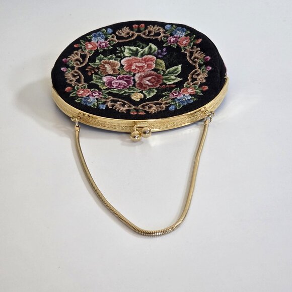 Vintage Floral Petit Point  Purse Round Needlepoint Tapestry Evening Bag Clutch - Picture 9 of 16